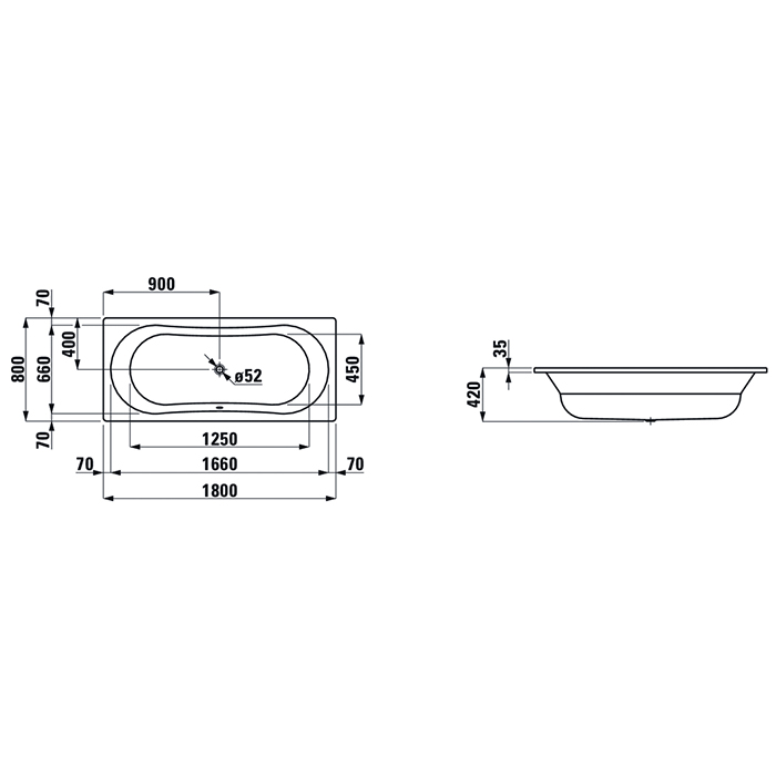 Laufen Thallium Ванна встраиваемая, 180x80см., прямоугольная, с центральным выпуском, шумоизоляционное покрытие, эмалированная сталь (3,5 мм), без отверстий для ручек, цвет: белый