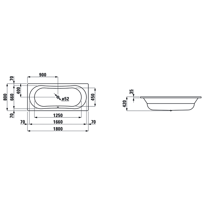 Laufen Thallium Ванна встраиваемая, 180x80см., прямоугольная, с центральным выпуском, шумоизоляционное покрытие, эмалированная сталь (3,5 мм), с отверстиями для ручек, цвет: белый