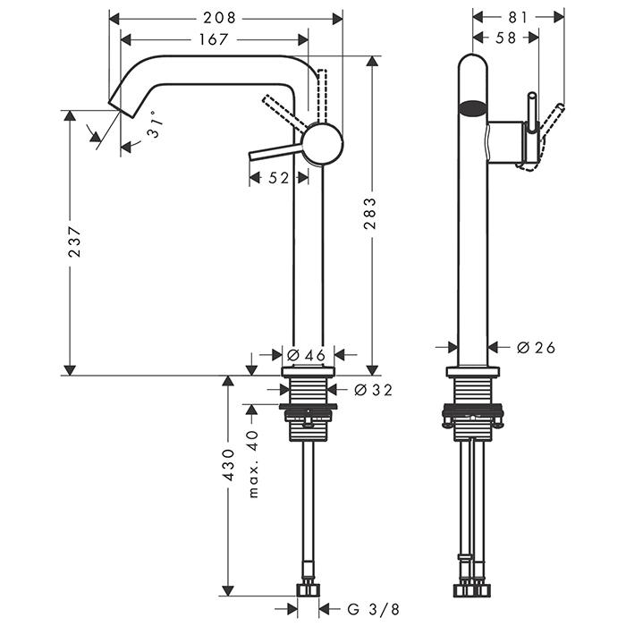 Hansgrohe Tecturis S Смеситель для раковины, на 1 отв., высокий, цвет: бронза матовая