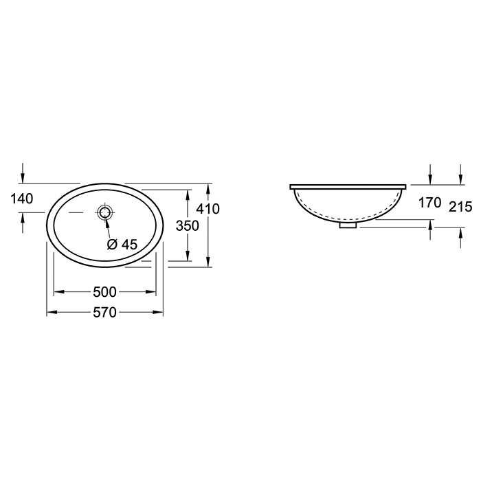 Villeroy&Boch Evana Раковина 50х35х22см., без отв., встраиваемая под столешницу, с переливом, с крепежом, цвет: альпийский белый