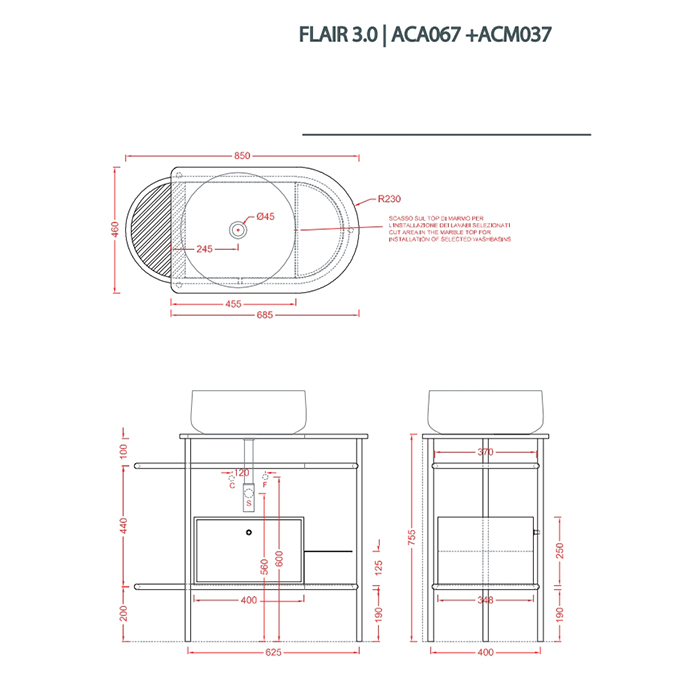 Artceram Flair 3.0 Металлическая консоль с раковиной, 85х46х75.5см., напольная, с выдвижным ящиком и мраморной столешницей, цвет: moka/белый матовый