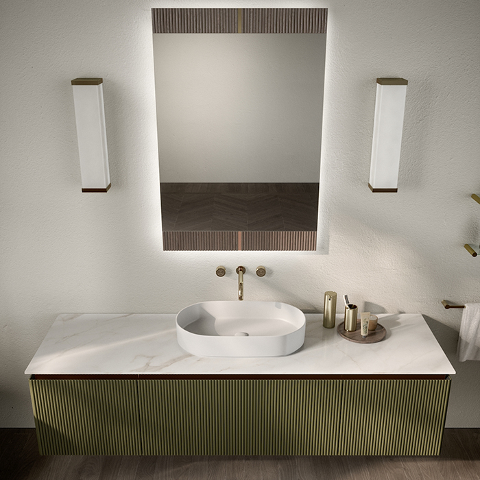 Oasis Naos Композиция №15 Комплект мебели 185х56xh45см, подвесной, мраморный топ calacatta oro, цвет: лак матовый/золото матовое