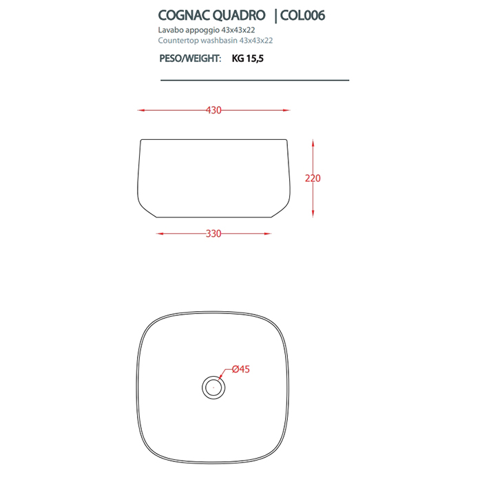 Artceram Cognac Раковина 43x43 см, без отв., накладная, Saniglaze, цвет: матовый белый