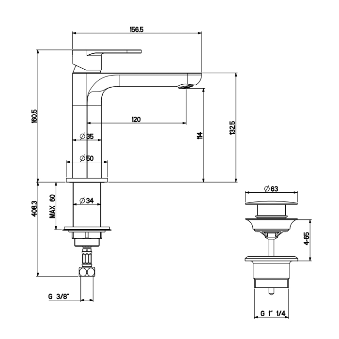 Gattoni H2Omix7000 Смеситель для раковины с донным клапаном, излив 120 мм цвет:Nickel Spazzolato