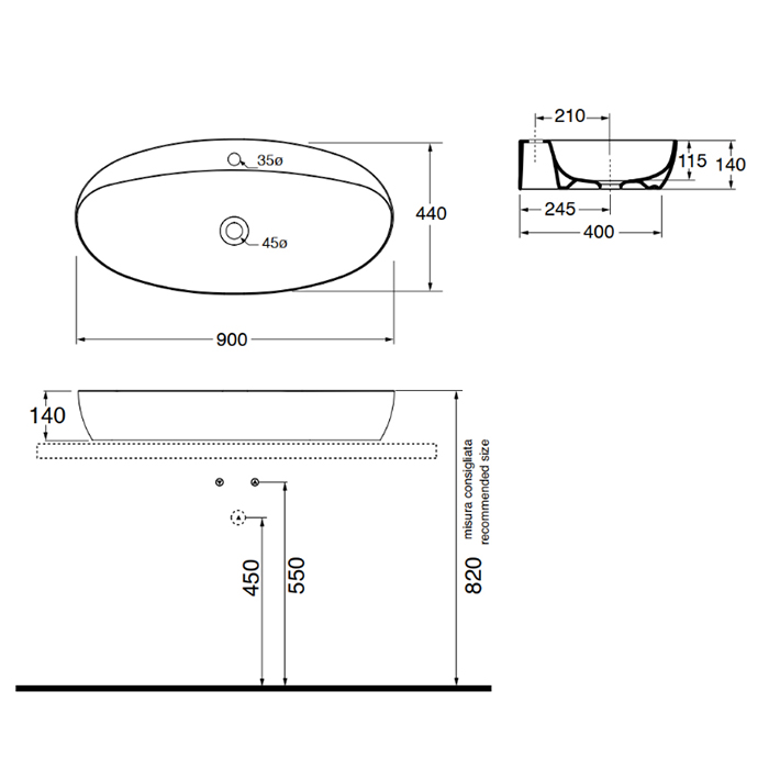 Azzurra Elegance Circle Раковина накладная, 90x44xH14 см, 1 отв., без перелива, цвет: Bianco lucido