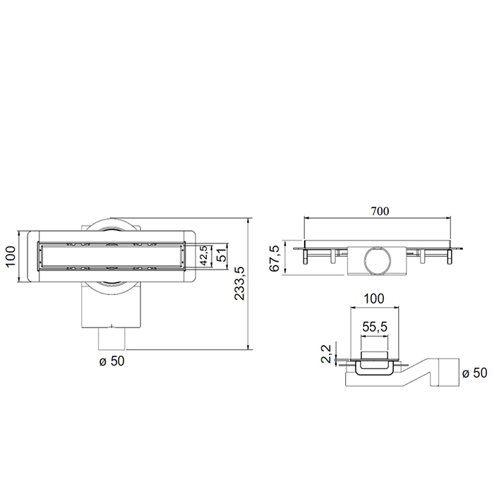 Plumberia Selection Трап душевой PS MODULAR 4x70 2устор. накладка из нерж.стали, комбинир.затвор с горизонт. Выпуском Ду 50мм,40л/мин, цвет: черный матовый