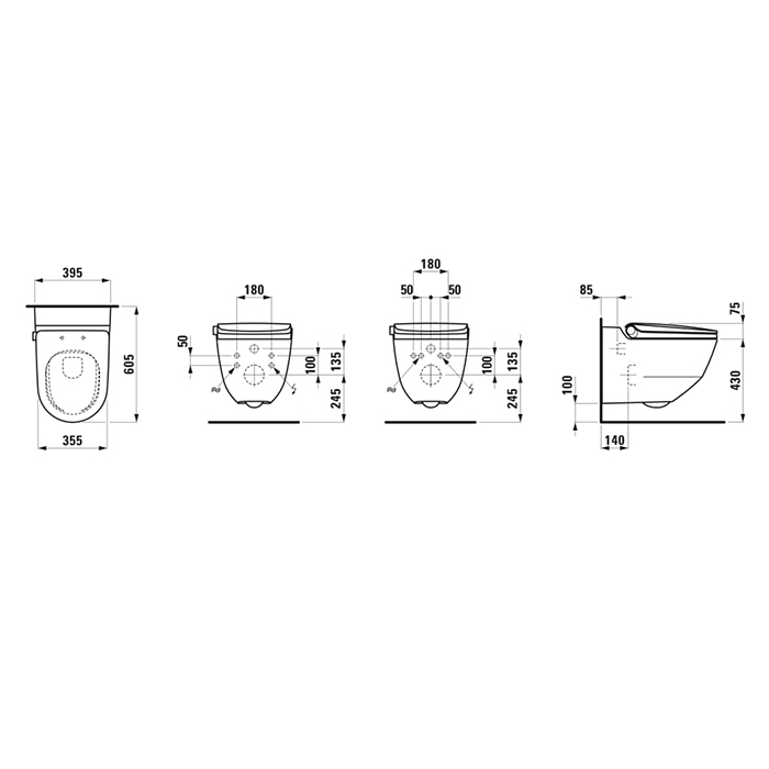 Laufen Cleanet Riva Унитаз-биде подвесной 60х39см, безободковый, с сиденьем, пульт д/у, покрытие LCC, панель титан-черный, цвет: белый