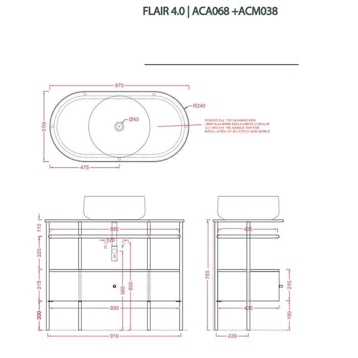 Artceram Flair 4.0 Консоль металлическая с раковиной 95x48хh75см., напольная, с выдвижным ящиком и мраморной столешницей, цвет: moka/marrone cocoa