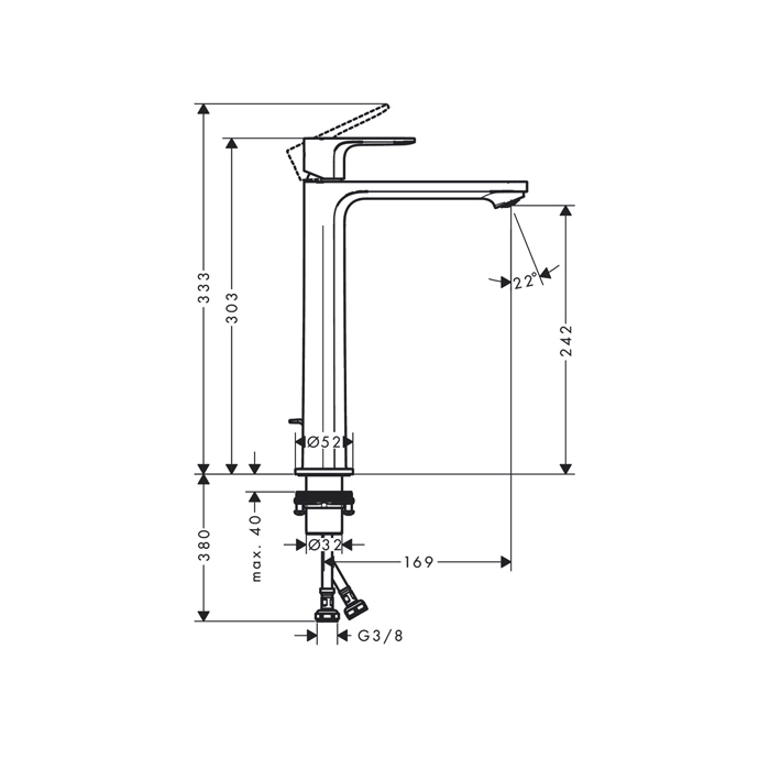 Hansgrohe Rebris S Смеситель для раковины-чаши 240, однорычажный, CoolStart, со сливным гарнитуром, цвет: матовый черный