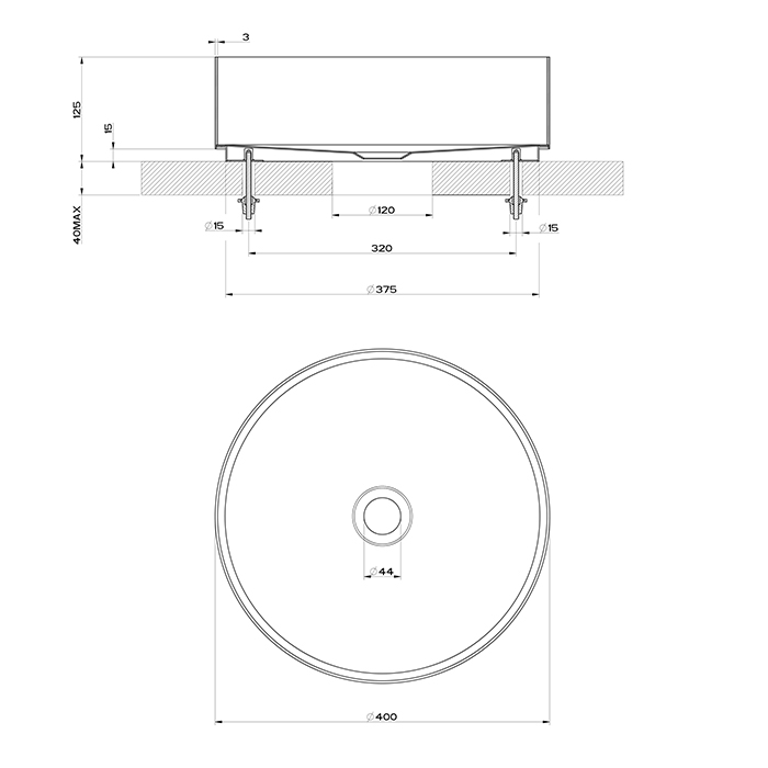 Gessi 316 Раковина 40 см, без отв., для установки на столешницу, без перелива, нержавеющая сталь, цвет: Steel brushed