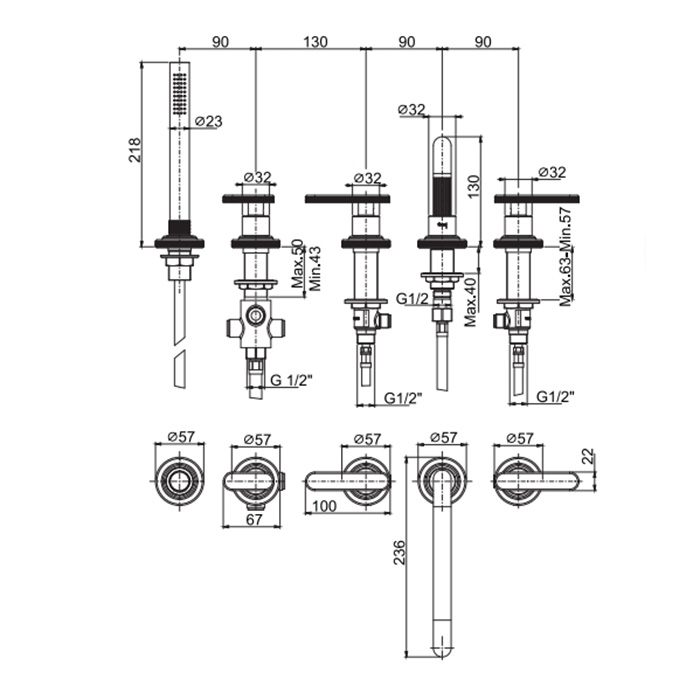 Fima Carlo Frattini Park Lane Смеситель на борт ванны, на 5 отв., с ручным душем, излив 23.6см., цвет: хром