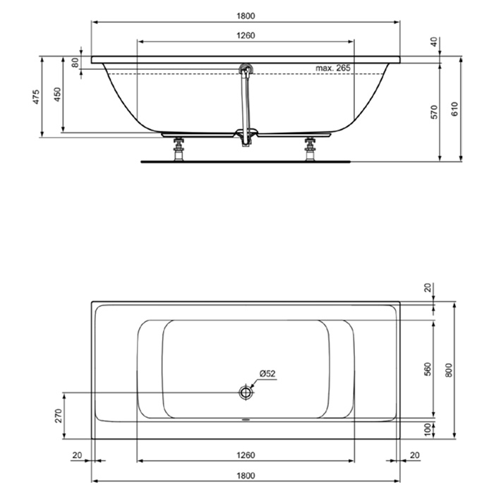 Ideal Standard Connect Air DUO Ванна 180x80 см, встраиваемая, акрил, без панелей, перелива, без ножек, цвет: белый глянец