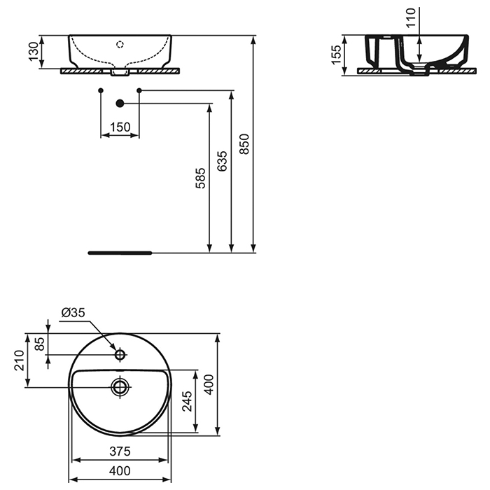 Ideal Standard i.life Раковина 40х40х13см., накладная, 1 отв., с переливом, без крепежа, цвет: белый глянцевый
