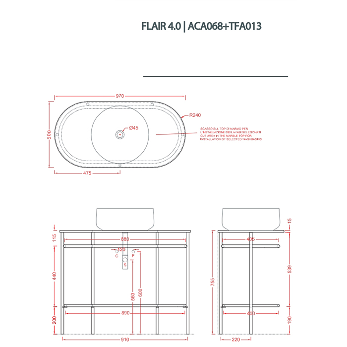 Artceram Flair 4.0 Консоль металлическая с раковиной 95x48хh75см., напольная, с полочкой и мраморной столешницей, цвет: белый матовый