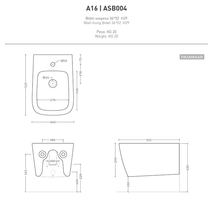 Artceram A16 Биде подвесное 36х52см., 1 отв., saniglaze, с креплениями, цвет: белый