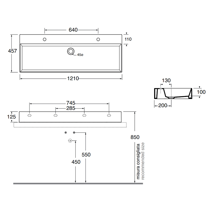 Azzurra Elegance Squared Раковина подвесная/накладная, 122x45xH12,5 см, 2 отв., цвет: Bianco lucido