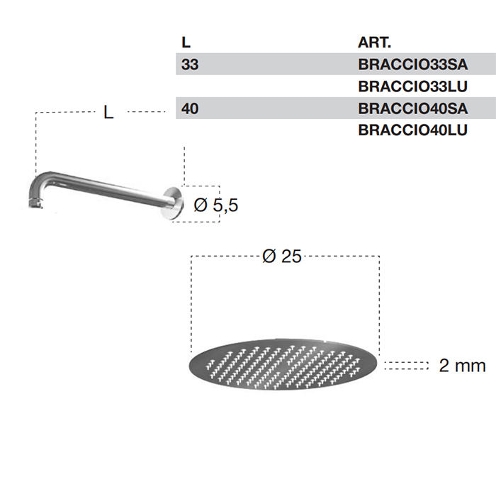 Antonio Lupi Braccio Настенный верхний душ, Ø 25см, длина: 40см, цвет: полированная сталь
