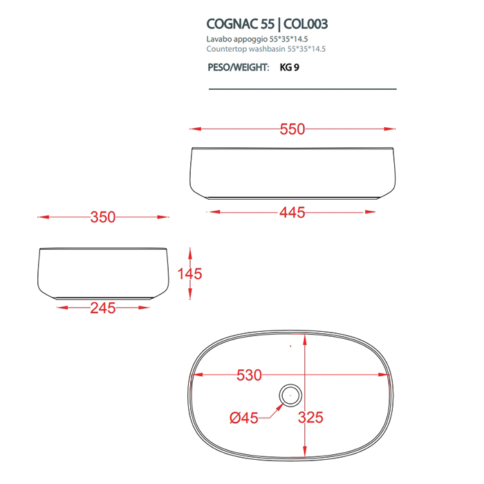 ArtCeram Cognac Раковина 55х35 см, без отв., накладная, saniglaze, цвет: белый матовый