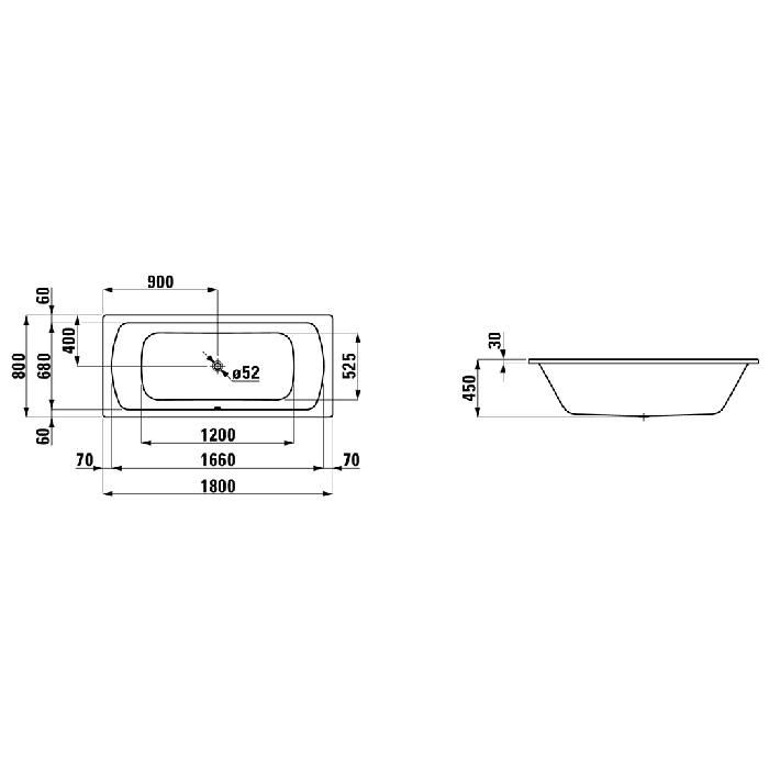 Laufen Pro Ванна встраиваемая, 180x80см, эмалированная сталь (3,5 мм), с центральным выпуском,  шумоизоляционное покрытие, без отверстий для ручек, антискользящее покрытие, цвет: белый