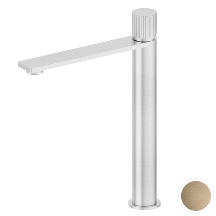 Newform Steel Line Смеситель для раковины, высокий, 1 отв., без донного клапана, цвет: pvd brushed pale gold