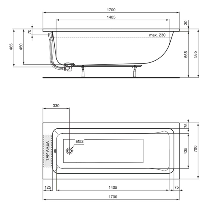 Ideal Standard Dolce Vita Ванна 170x70 см, встраиваемая, акрил, без панелей, перелива, ножки в комплекте, цвет: белый глянец