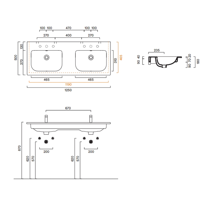 Catalano Italy Раковина двойная 125х50см, без отв., цвет: белый глянцевый
