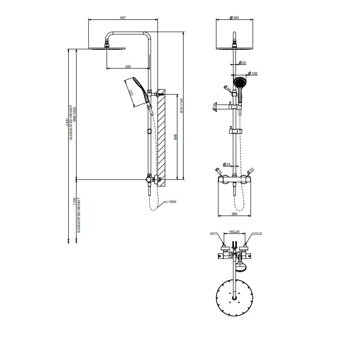 Gessi Minimalistic Shower  Душевая стойка с термостатическим смесителем, верхним душем Ø300 мм., ручным душем и шлангом 1500 мм, цвет Gold PVD