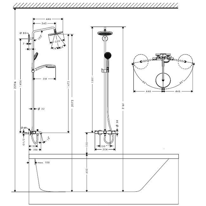 Hansgrohe Croma Душевая система Showerpipe: верхний душ 220 1jet, ручной душ, термостат для ванны, штанга для душа, держатель, излив 186мм, цвет: хром
