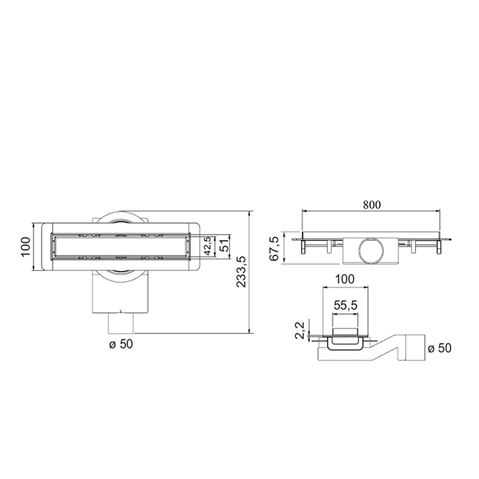 Plumberia Selection Трап душевой PS MODULAR 4x80 2устор. накладка из нерж.стали, комбинир.затвор с горизонт. Выпуском Ду 50мм,40л/мин, цвет: черный матовый