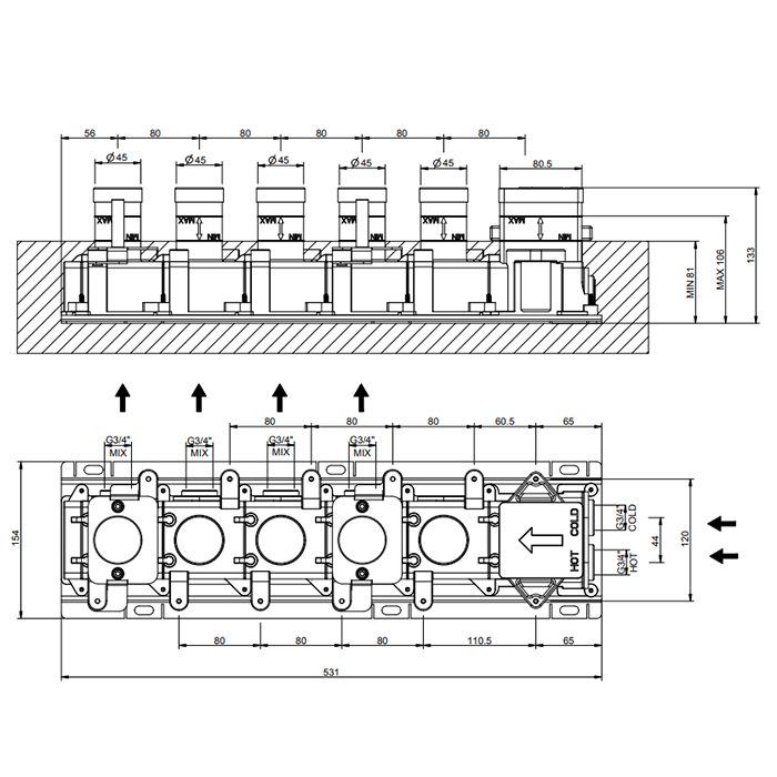 Gessi Hi-Fi Встраиваемые части для термостатического смесителя, до 4 источников одновременно, 3/4" соединение., цвет: хром