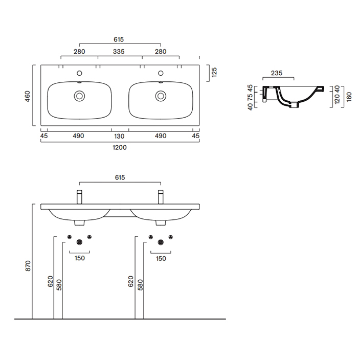 Catalano Alvea Раковина 120x46 двойная, с 2 отв., цвет: белый глянцевый