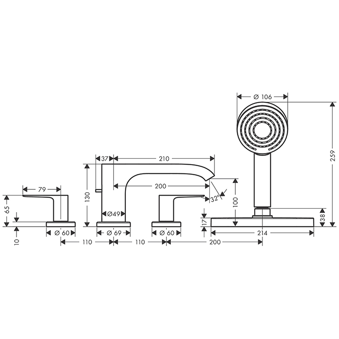 Hansgrohe Vivenis Смеситель на борт ванны, на 4 отв, с ручной лейкой, цвет: черный матовый