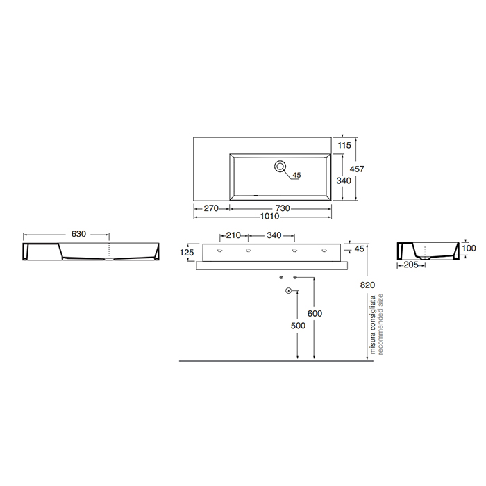 Azzurra Elegance Squared Раковина подвесная/накладная, 102x46xH12,5 см, левая, без отв., цвет: Bianco lucido