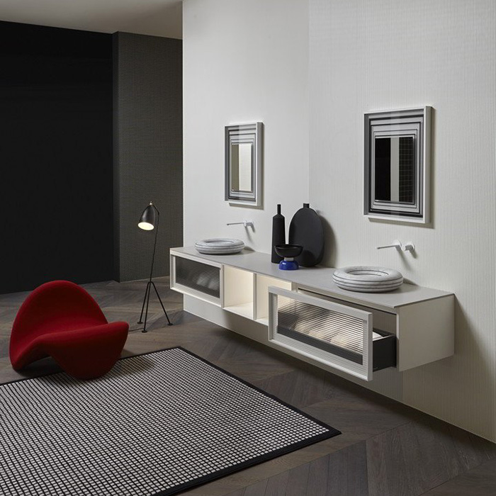 Antonio Lupi Bemade Комплект подвесной мебели с тумбами и базой под раковину, раковиной Gessati, зеркалом, 90 см, цвет: белый goffratto