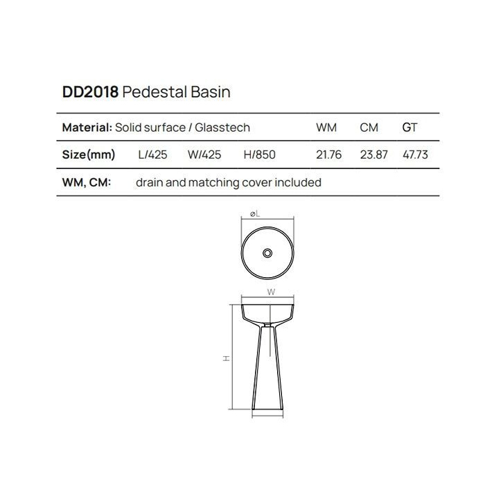 Dea Design Pedestal Basin Раковина 42.5х42.5х85см., напольная, без отв., Solid Surface, цвет: White №18