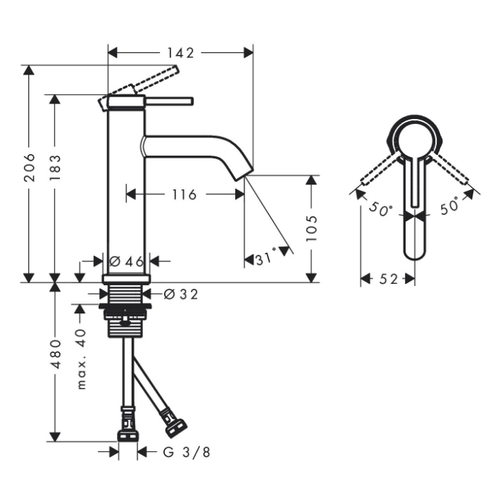 Hansgrohe Tecturis S Смеситель для раковины, 1 отв., без донного .