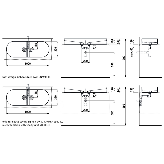 Laufen Sonar Раковина 100x37x13см., двойная, накладная, без отв., без перелива, цвет: белый матовый