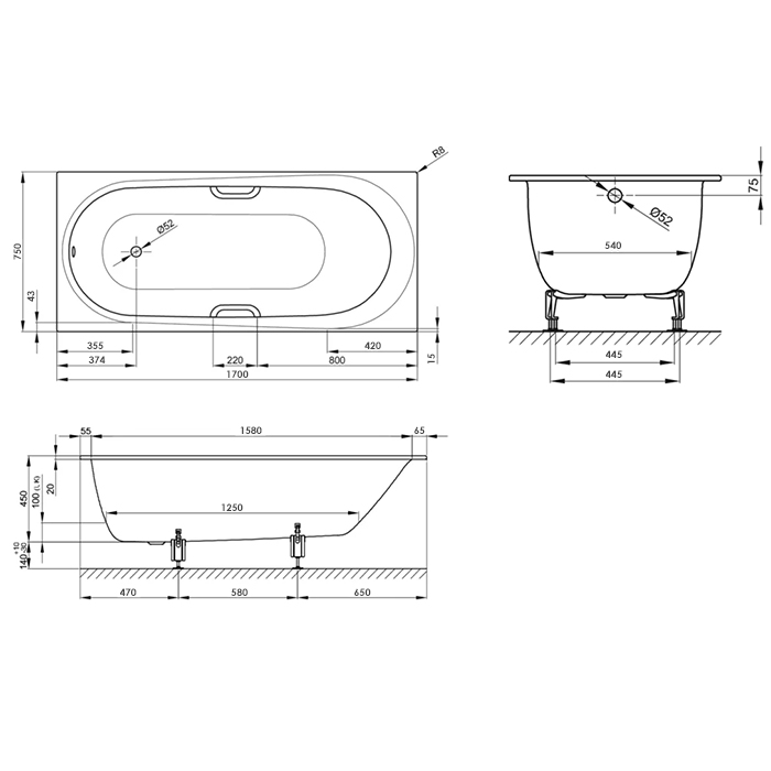 Bette Comodo Ванна встраиваемая, 170х75х45см., с шумоизоляцией, BetteGlasur® Plus, цвет: белый