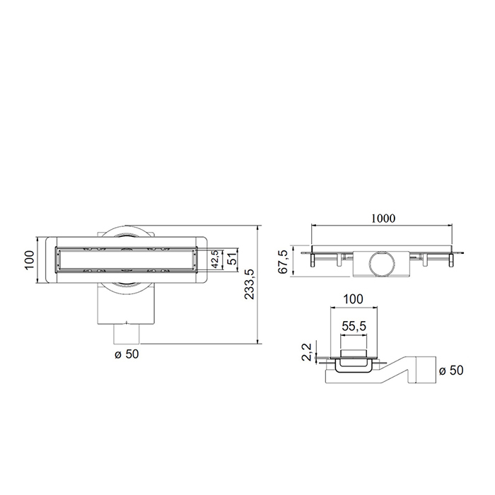 Plumberia Selection Трап душевой PS MODULAR 4x100 2устор. накладка из нерж.стали, комбинир.затвор с горизонт. выпуск Ду 50мм,40л/мин, цвет: нержавеющая сталь