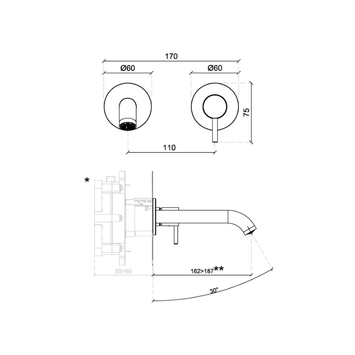 Almar Mixers Смеситель для раковины, настенный, цвет: медь брашированная PVD