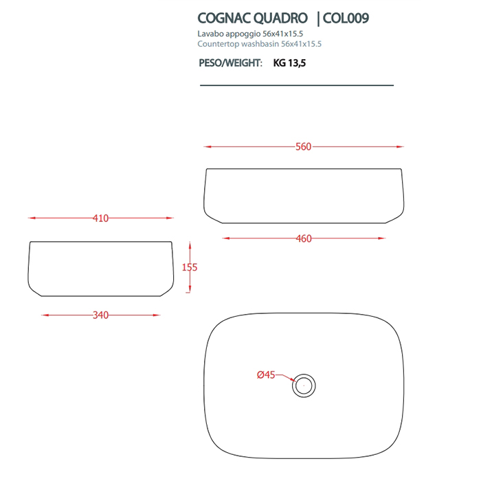 Artceram Cognac Раковина накладная Quadro 56x41 см, Saniglaze, цвет: sand