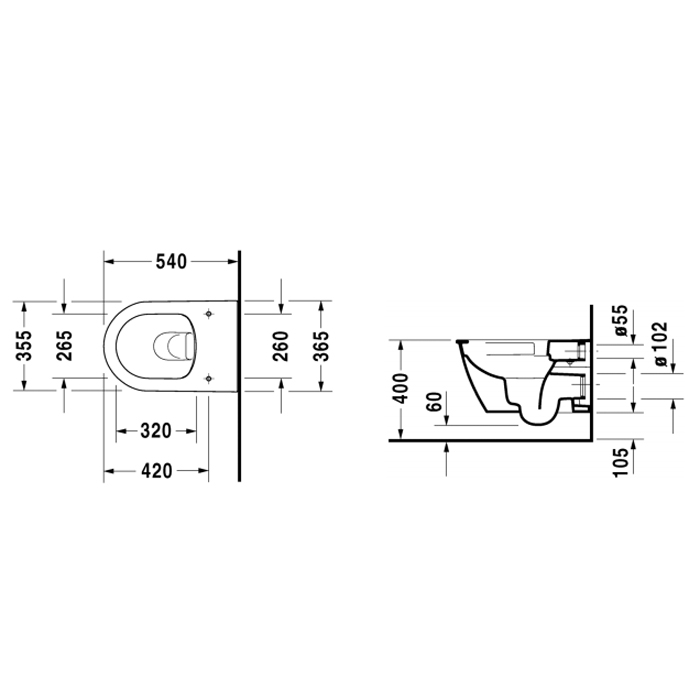 Duravit Darling New Унитаз подвесной Duravit Rimless® без смывного края, с вертикальным смывом, вкл. крепление Durafix, 37x54см, Цвет: Белый