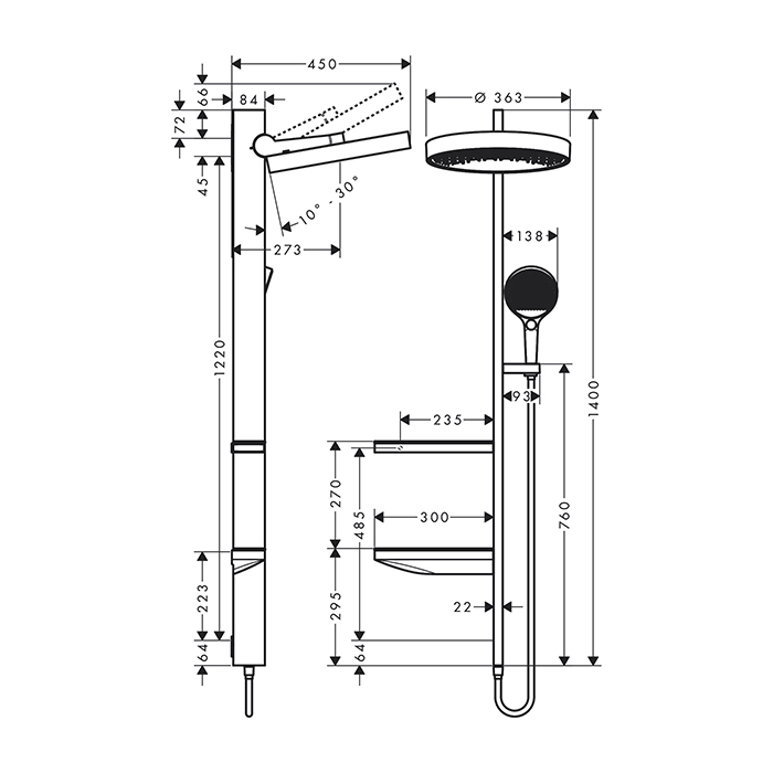 Hansgrohe Showerpipe Душевая система 1jet (верхний душ, штанга, ручной душ, полочки), цвет: хром