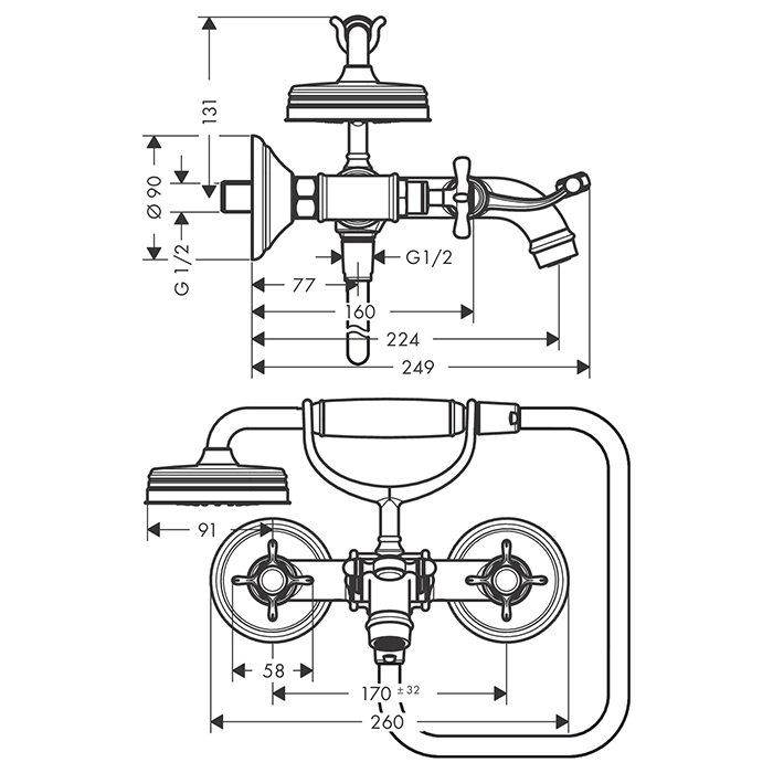 Axor Montreux Смеситель для ванны, настенный, с ручным душем, цвет: сталь