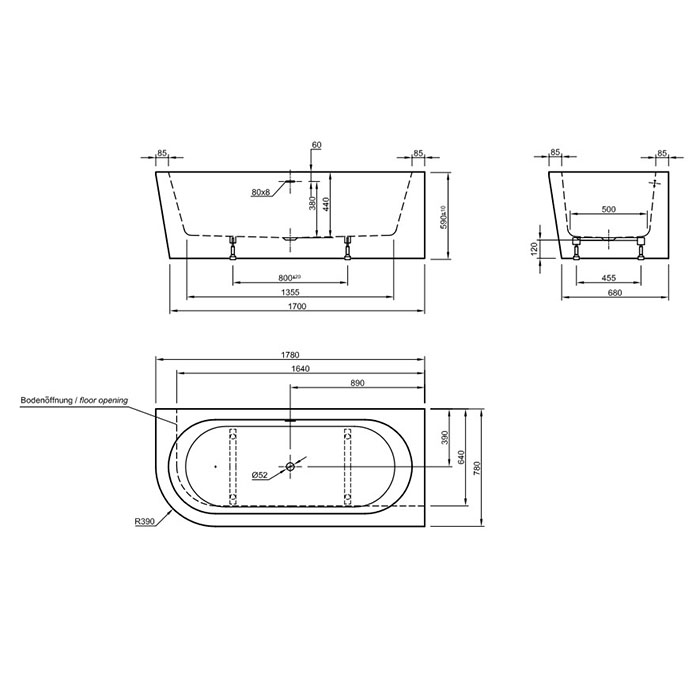 Knief Wall Corner Left Ванна акриловая в правый угол 180x80x60см, щелевой перелив SLOT, цвет: белый
