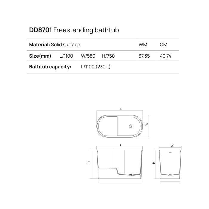 Dea Design Single Ванна 110х58х75см., отдельностоящая, Solid Surface, цвет: White №18