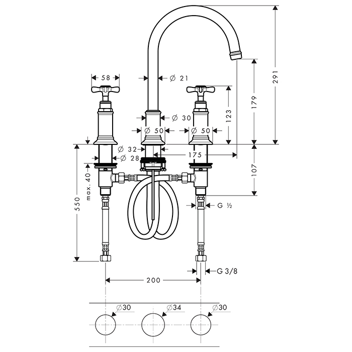 Axor Montreux Смеситель для раковины 180, на 3 отв., с донным клапаном, цвет: сталь