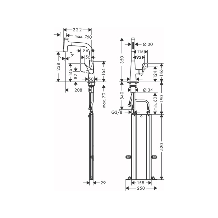 Hansgrohe Metris M71 Смеситель для кухни, на 1 отв, поворотный излив: 20.8см с вытяжным душем, 2jet, h238мм, sBox кнопка вкл/выкл,, цвет: нержавейка
