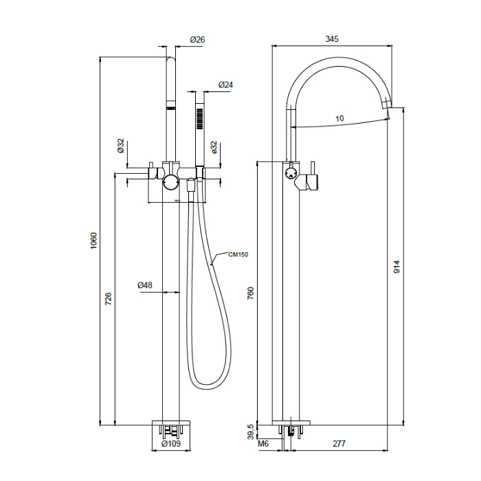 Almar Mixers Смеситель для ванны, напольный, с ручным душем, цвет: никель брашированный