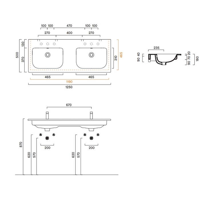 Catalano Italy Раковина 125x50см двойная, с 2 отв., цвет: белый глянцевый